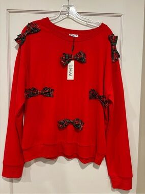 Why Dress NEW The Carroll Top in Touch of Plaid Red Sweatshirt Holiday Bows XL